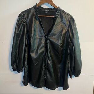 Marc New York Black Faux Leather Button Up Blouse With 3/4 Puffy Sleeves